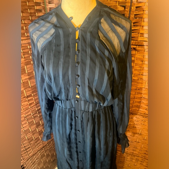 ASOS Dress Blue Pin Strip Sz 10 Sheer Overlay Long Sleeve Exposed Back ruffles - Picture 9 of 16